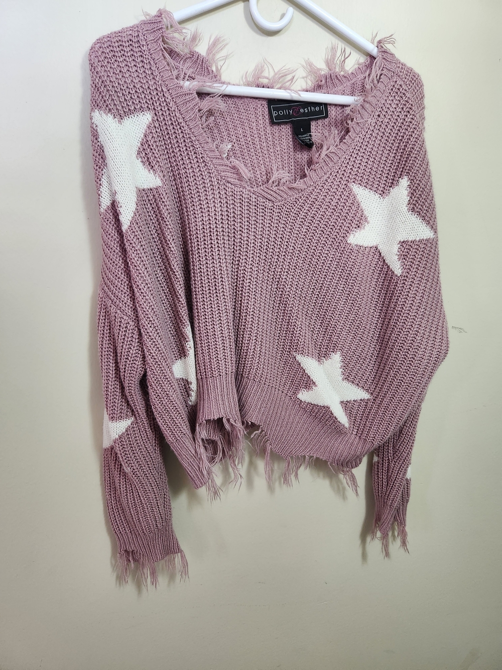Polly & Esther Mauve Star V-Neck Distressed Knit Sweater
